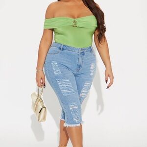 Distressed Blue Denim Capri Jeans